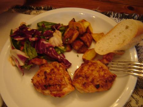 Dinner: barbecued chicken thighs, sautéed potatoes, arugula; radicchio and tomato salad Dinner: barbecued chicken thighs, sautéed potatoes, arugula; radicchio and tomato salad